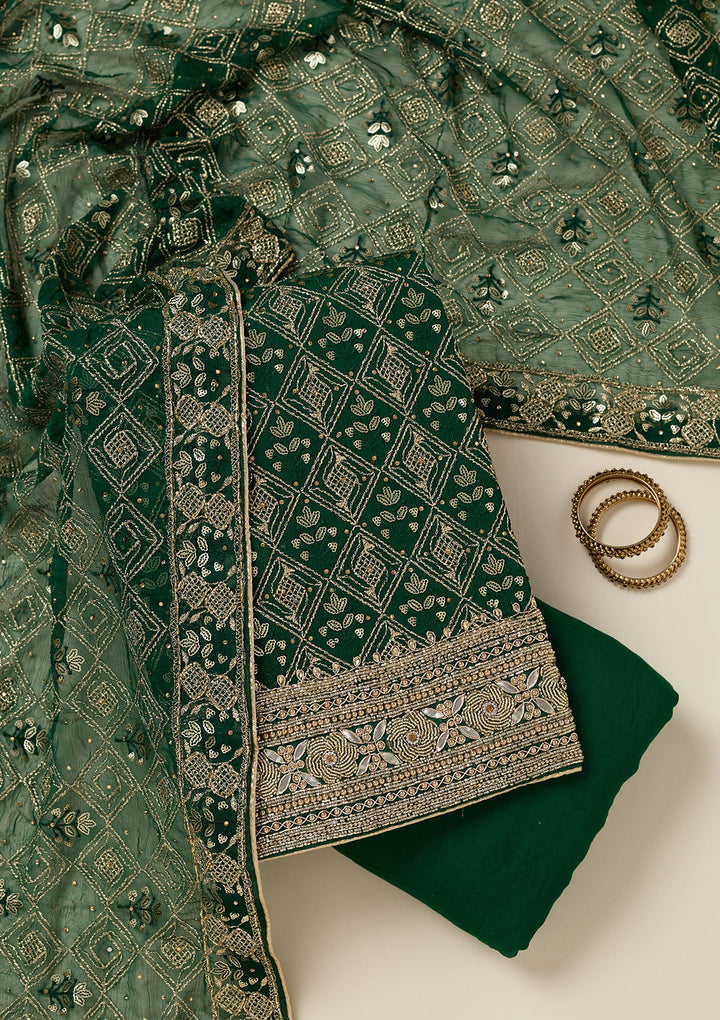 Bottle Green Zariwork Georgette Unstitched Salwar Suit-koskii