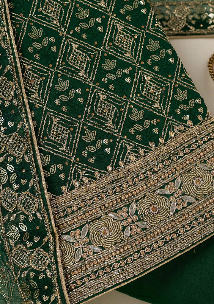 Bottle Green Zariwork Georgette Unstitched Salwar Suit-koskii