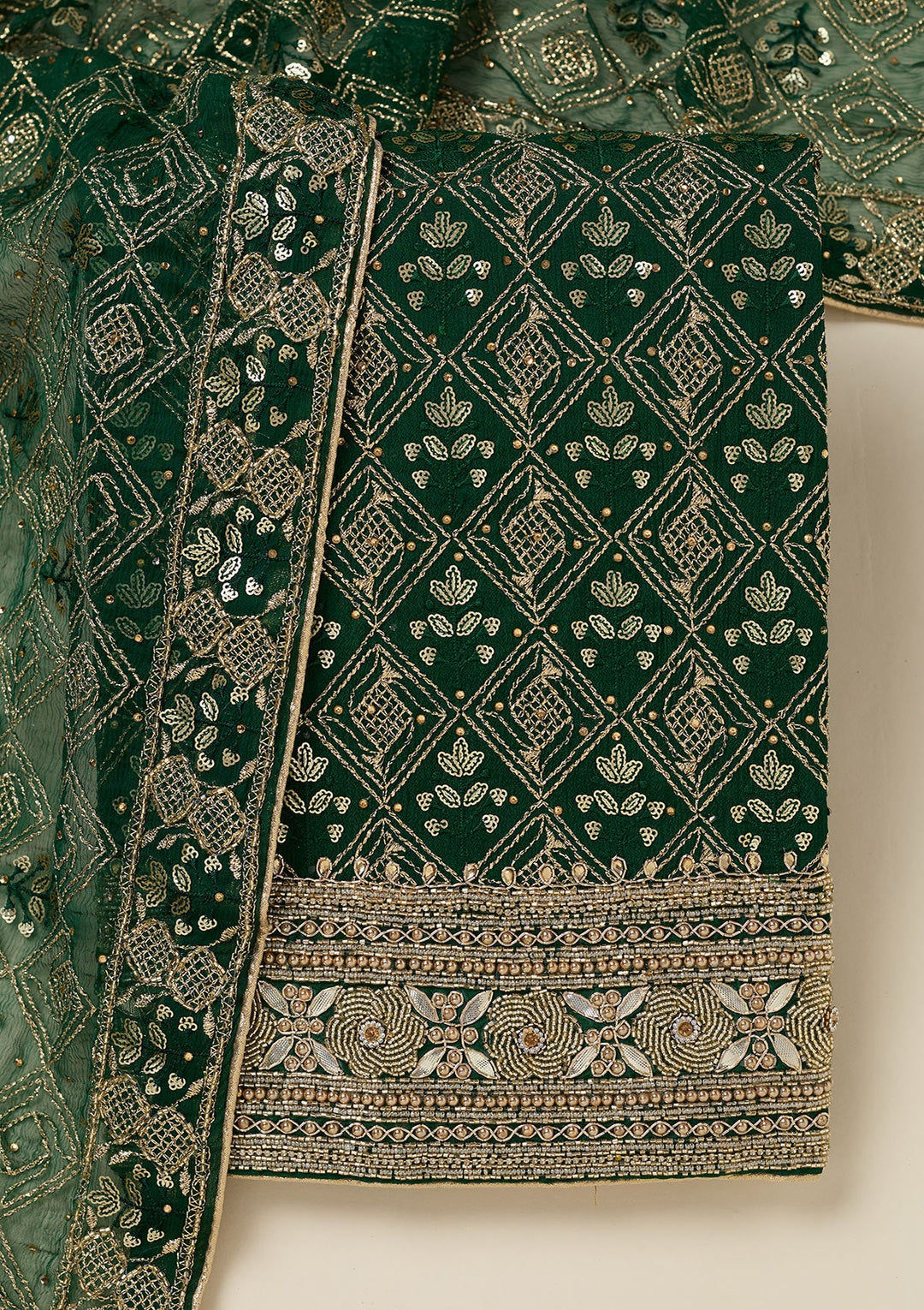 Bottle Green Zariwork Georgette Unstitched Salwar Suit-koskii