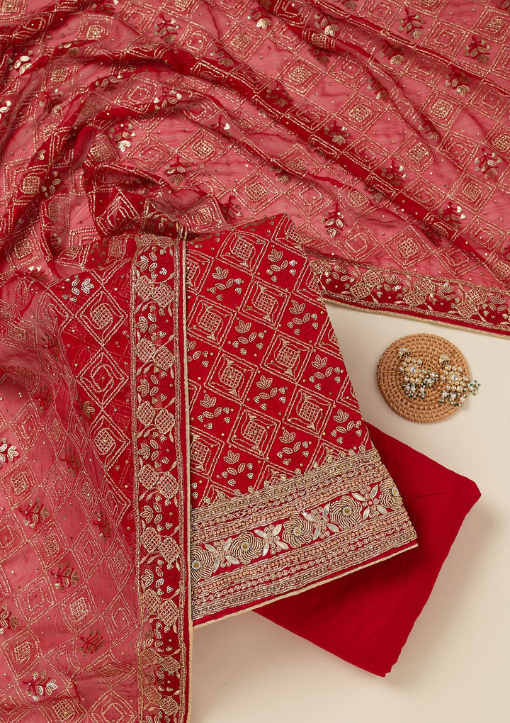 Red Zariwork Georgette Unstitched Salwar Suit-koskii