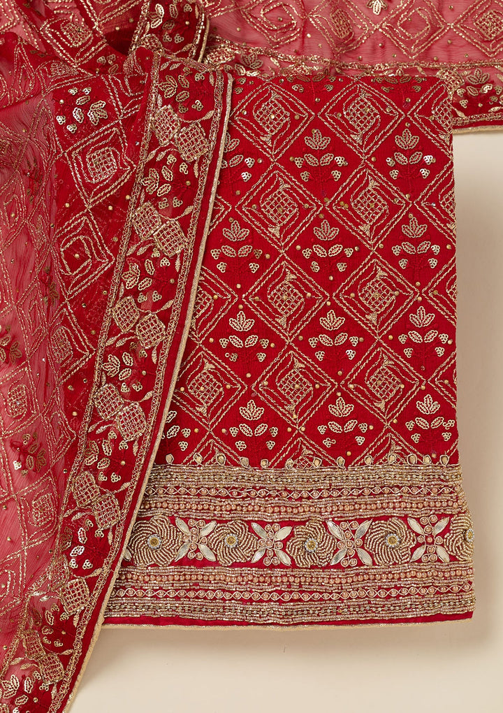 Red Zariwork Georgette Unstitched Salwar Suit-koskii