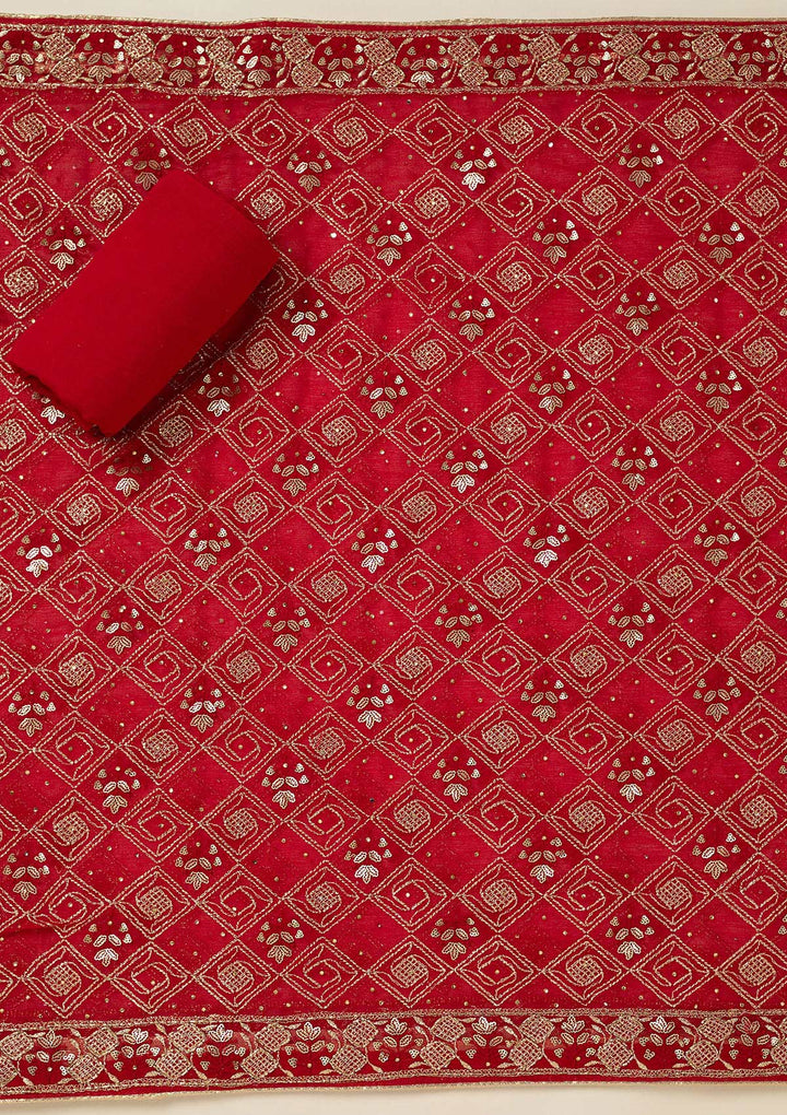 Red Zariwork Georgette Unstitched Salwar Suit-koskii