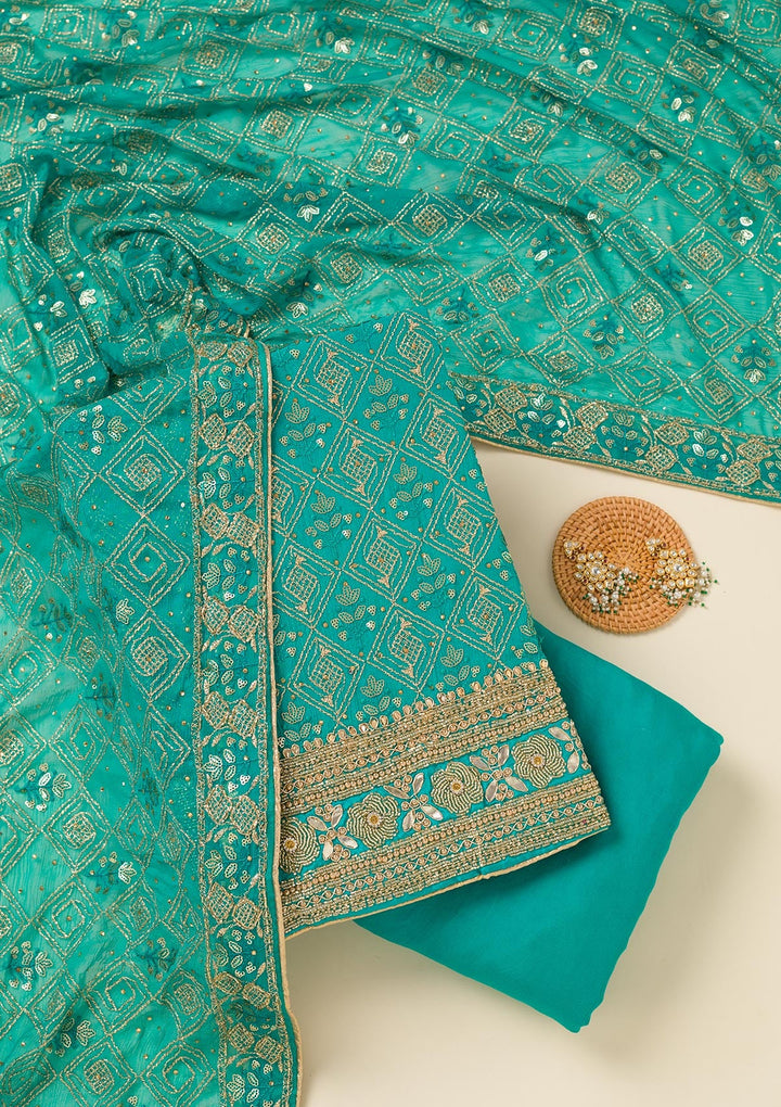 Turquoise Blue Zariwork Georgette Unstitched Salwar Suit-koskii