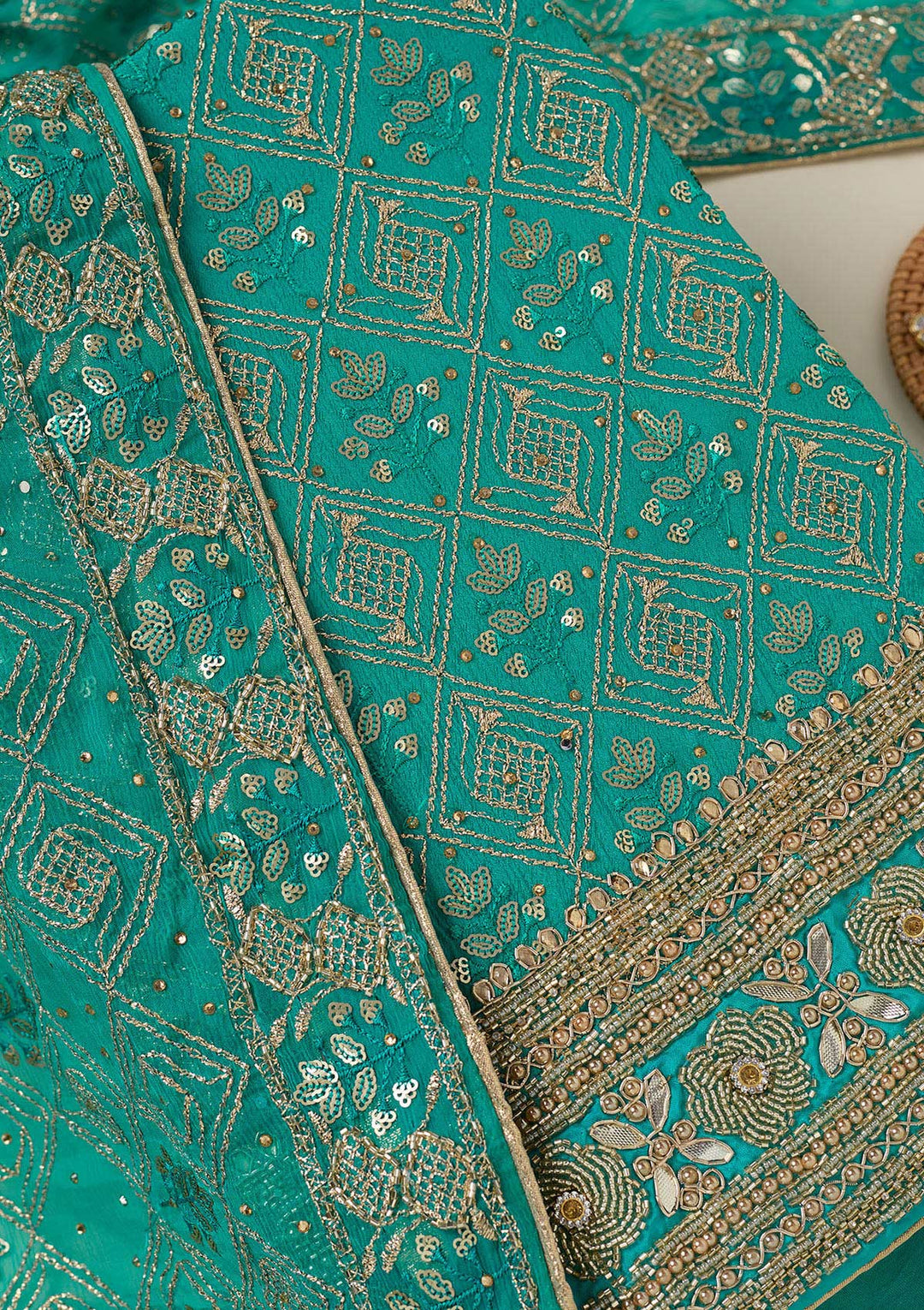 Turquoise Blue Zariwork Georgette Unstitched Salwar Suit-koskii