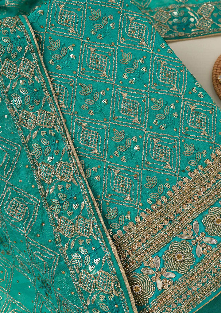 Turquoise Blue Zariwork Georgette Unstitched Salwar Suit-koskii