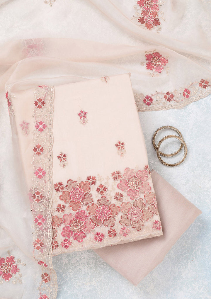 Beige Zariwork Organza Unstitched Salwar Suit-koskii