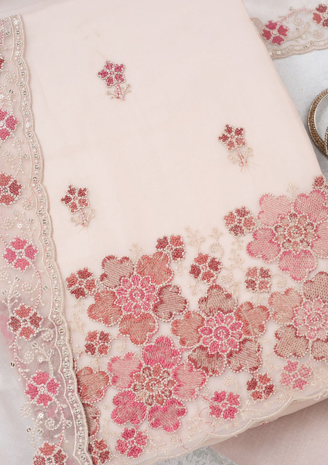 Beige Zariwork Organza Unstitched Salwar Suit-koskii