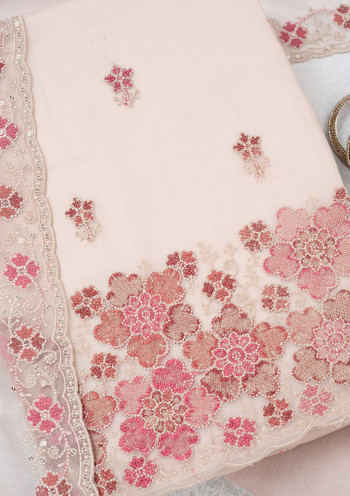 Beige Zariwork Organza Unstitched Salwar Suit-koskii