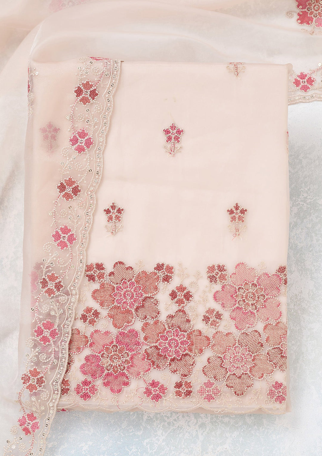 Beige Zariwork Organza Unstitched Salwar Suit-koskii