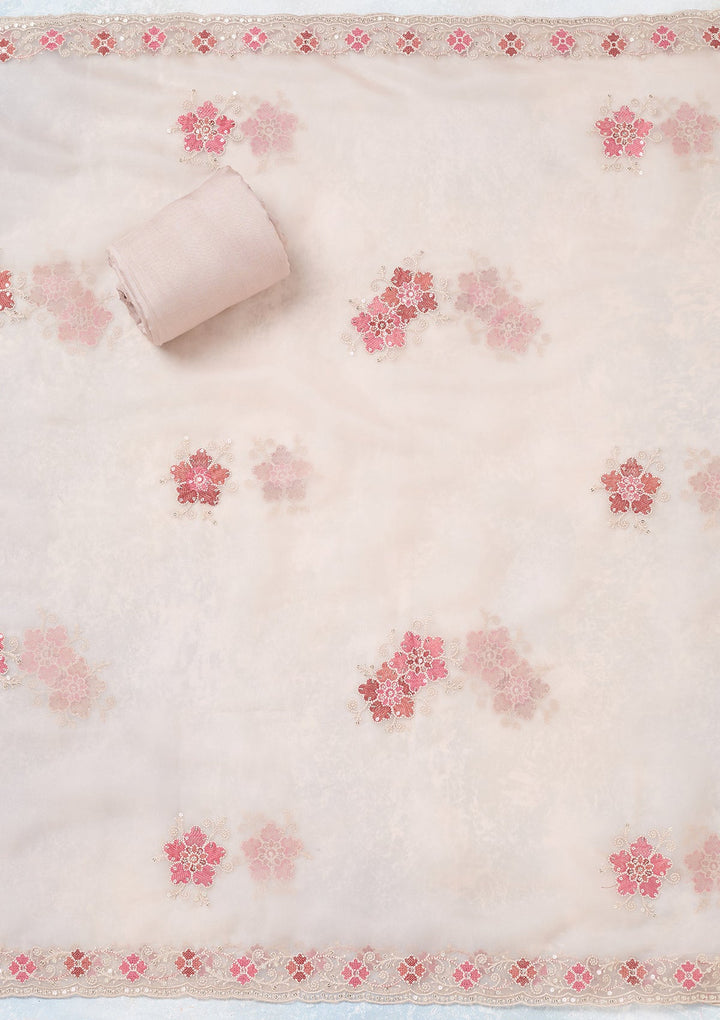 Beige Zariwork Organza Unstitched Salwar Suit-koskii