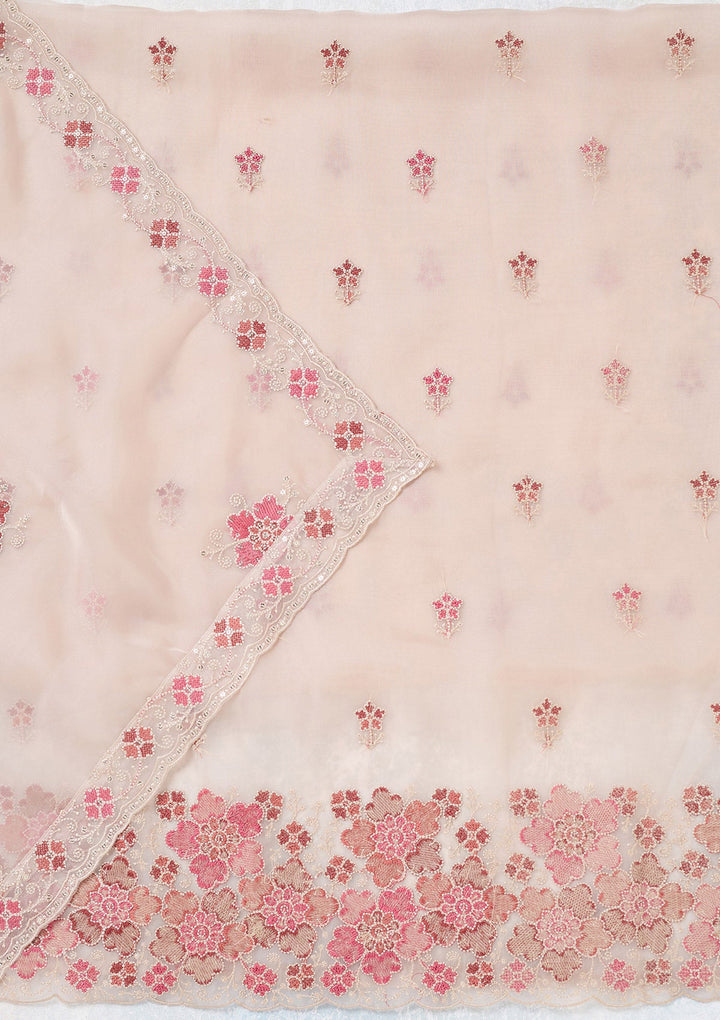 Beige Zariwork Organza Unstitched Salwar Suit-koskii