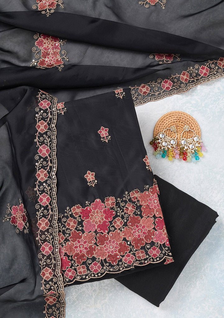 Black Zariwork Organza Unstitched Salwar Suit-koskii