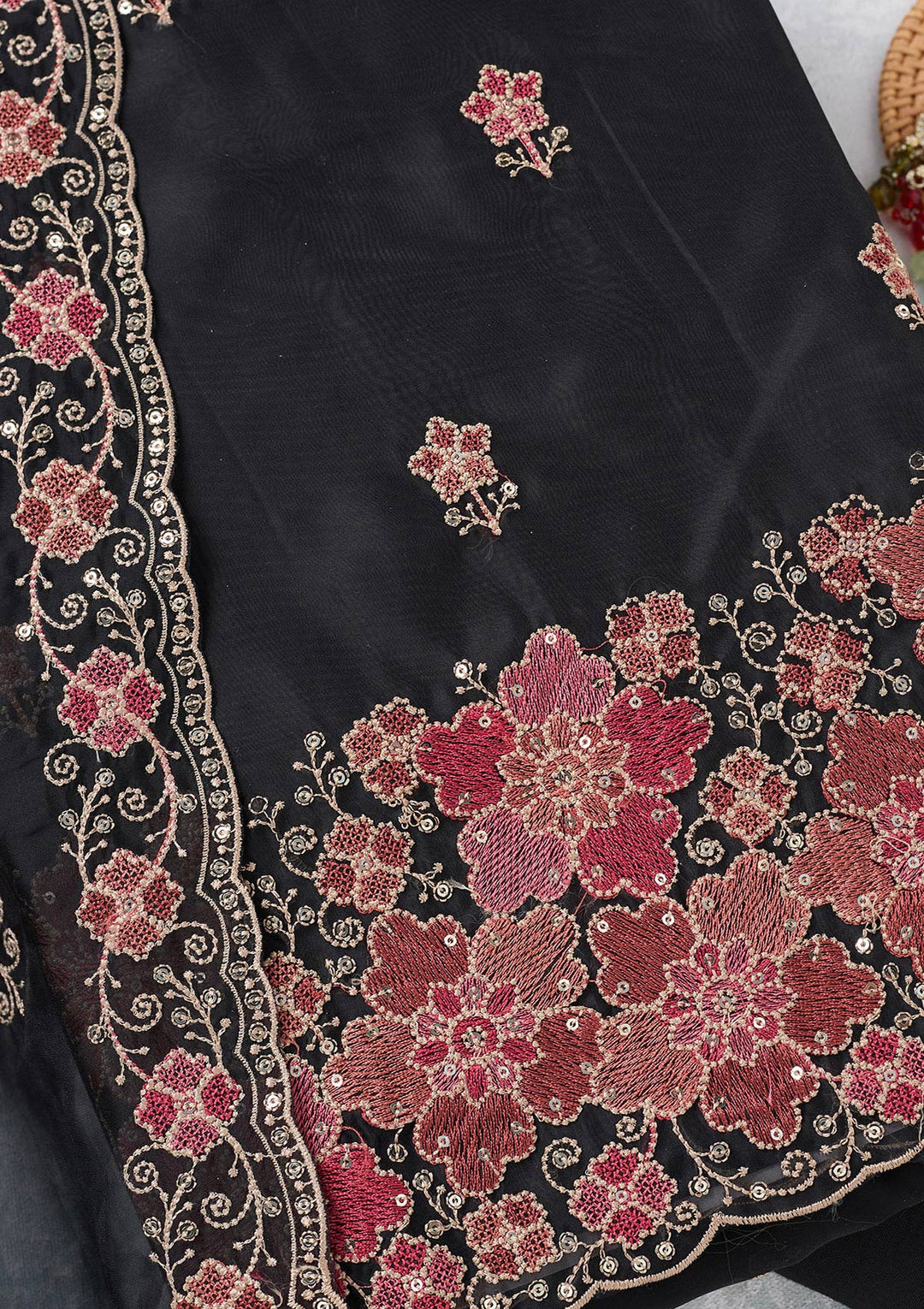 Black Zariwork Organza Unstitched Salwar Suit-koskii