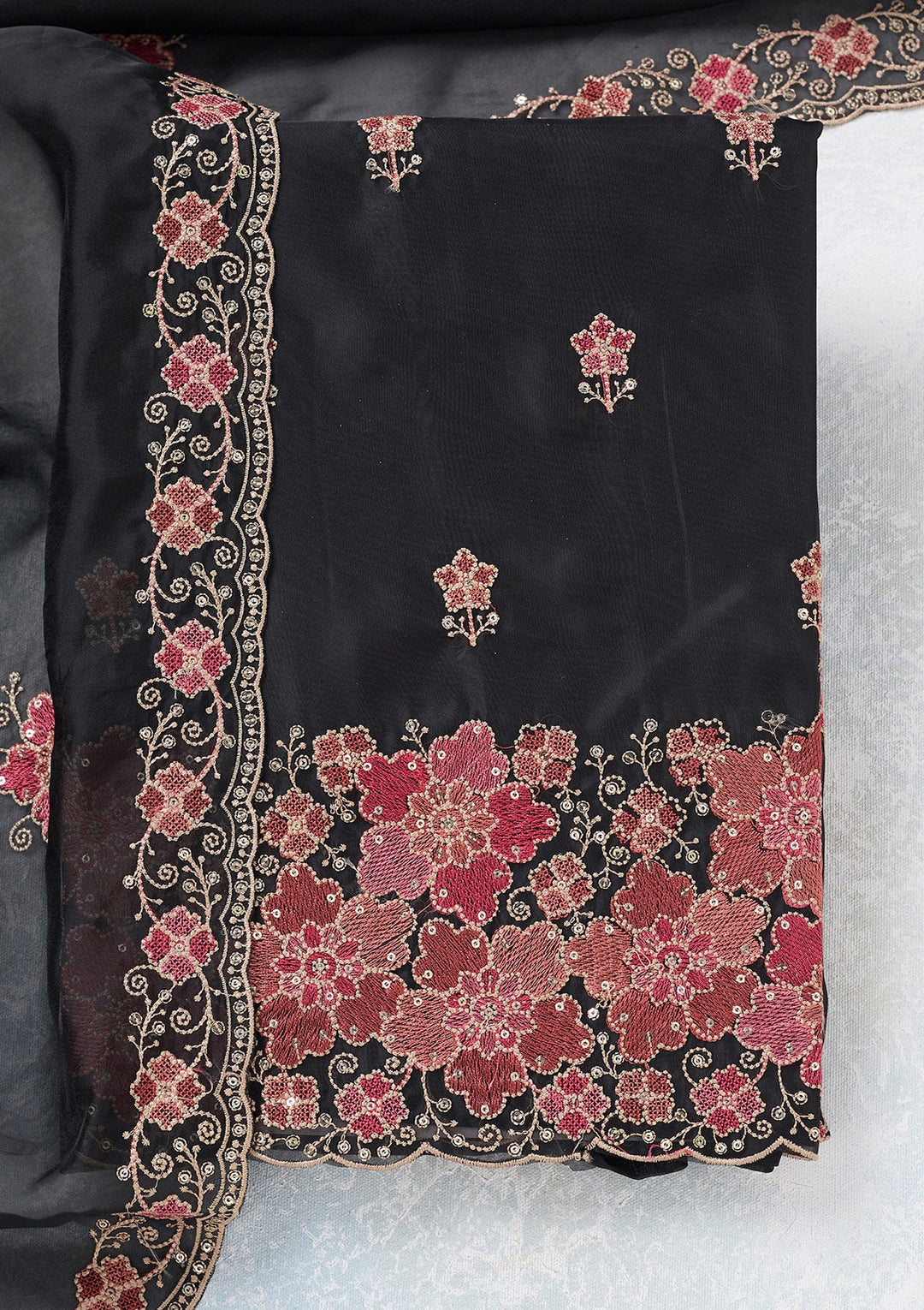 Black Zariwork Organza Unstitched Salwar Suit-koskii