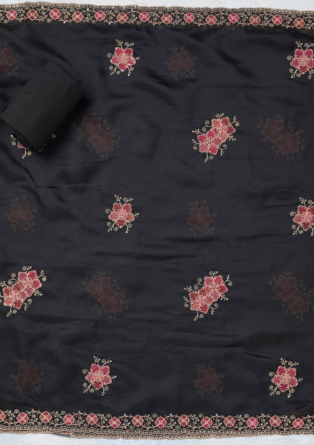 Black Zariwork Organza Unstitched Salwar Suit-koskii