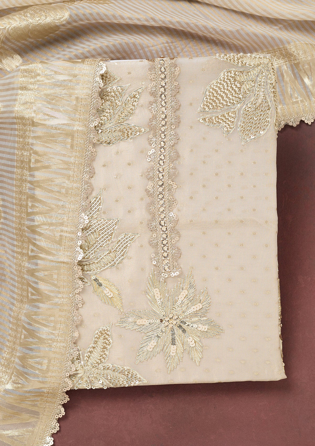 Beige Mirrorwork Tissue Unstitched Salwar Suit