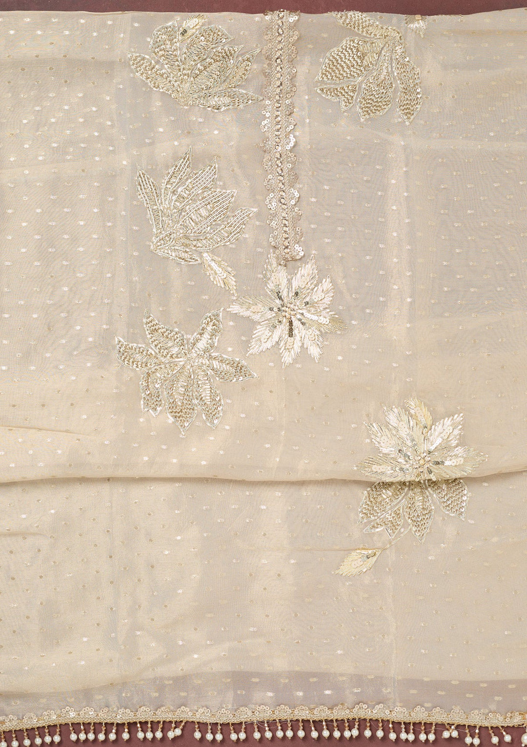 Beige Mirrorwork Tissue Unstitched Salwar Suit