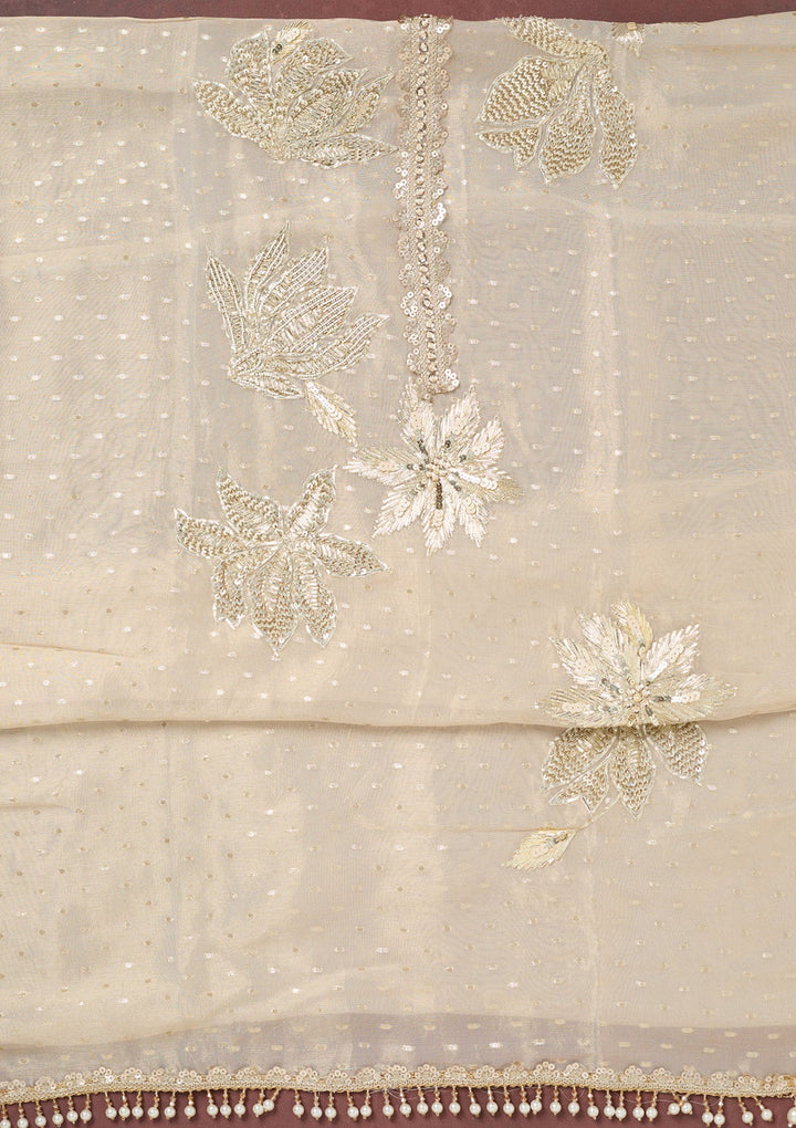 Beige Mirrorwork Tissue Unstitched Salwar Suit