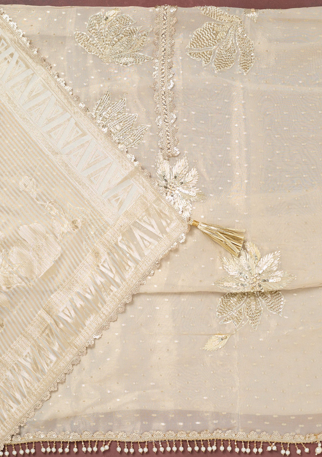 Beige Mirrorwork Tissue Unstitched Salwar Suit