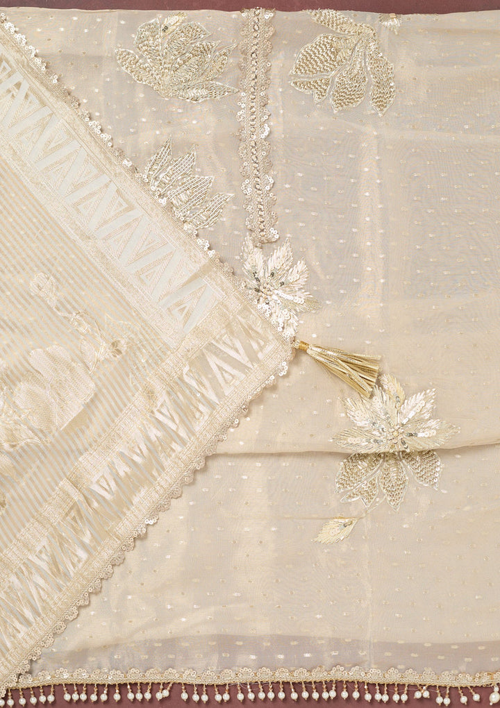 Beige Mirrorwork Tissue Unstitched Salwar Suit