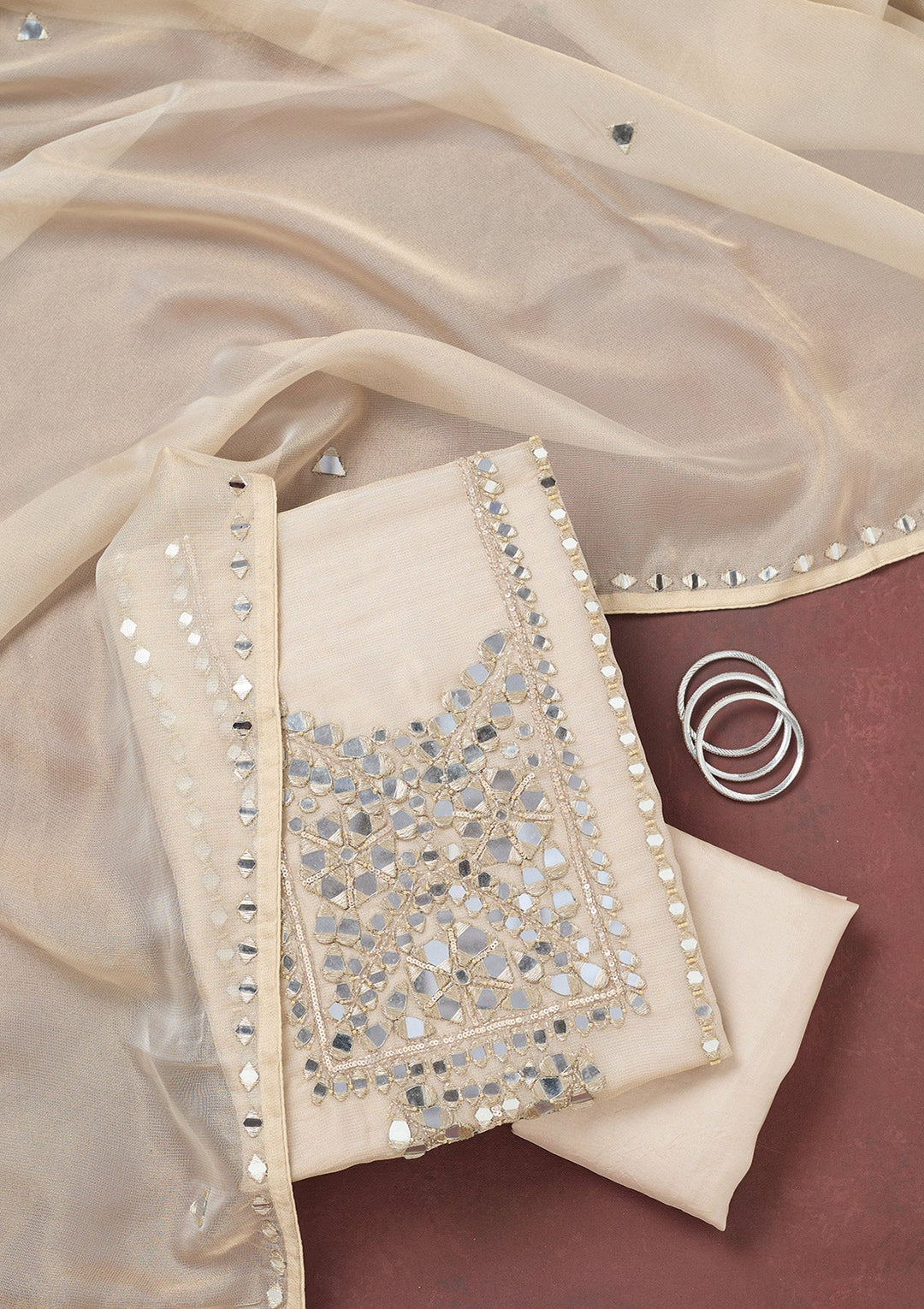 Beige Cutdana Tissue Unstitched Salwar Suit-koskii