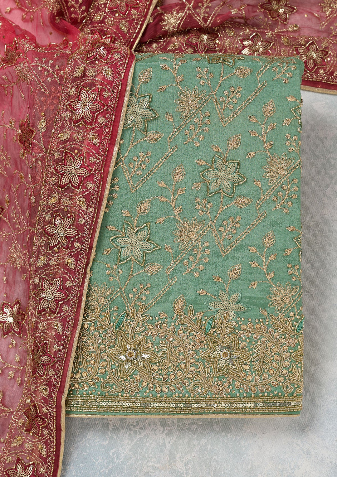 Sea Green Zariwork Georgette Unstitched Salwar Suit-koskii