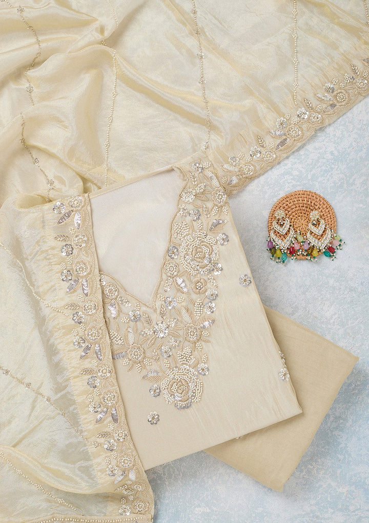 Cream Aariwork Semi Crepe Unstitched Salwar Suit-koskii