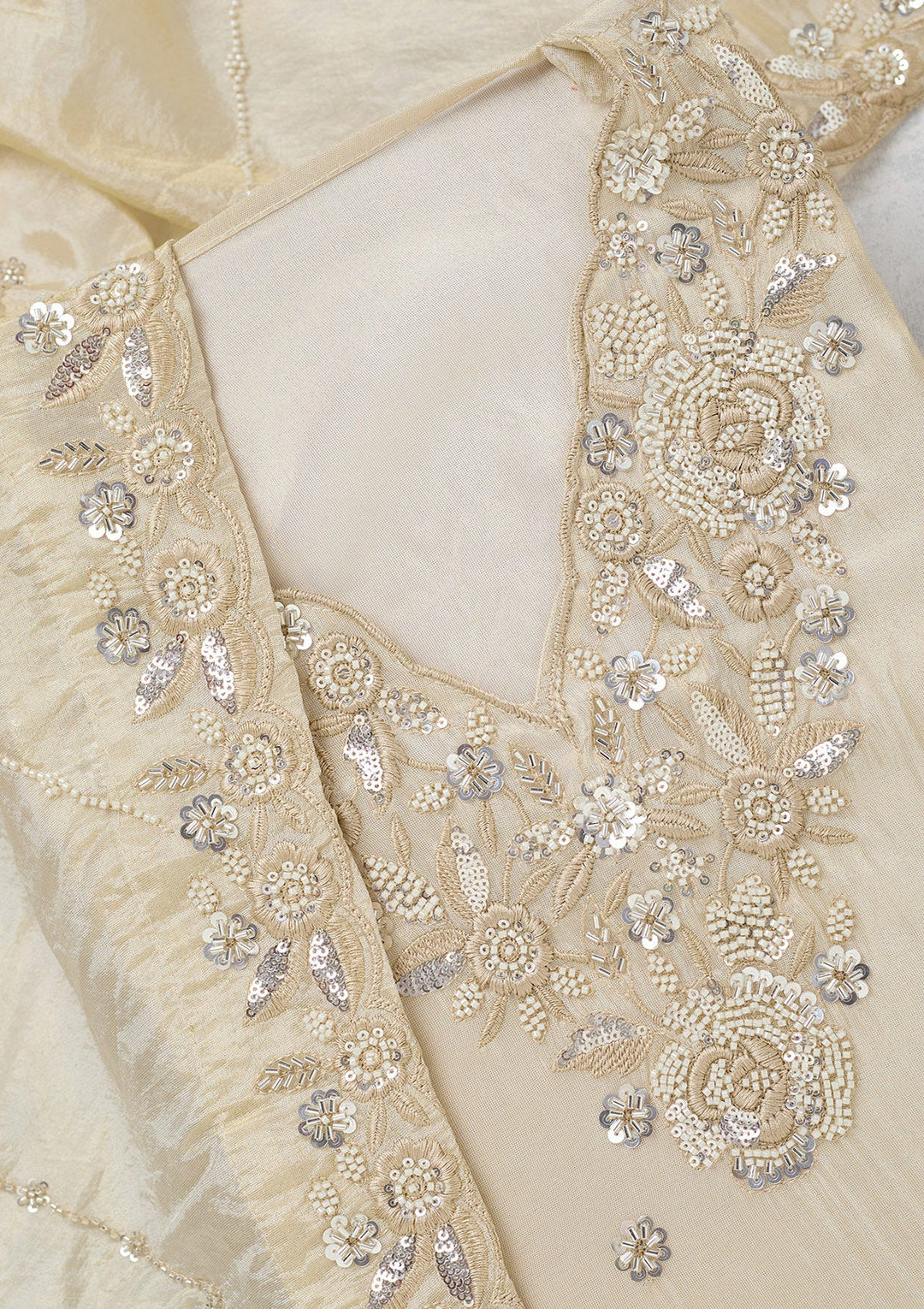 Cream Aariwork Semi Crepe Unstitched Salwar Suit-koskii