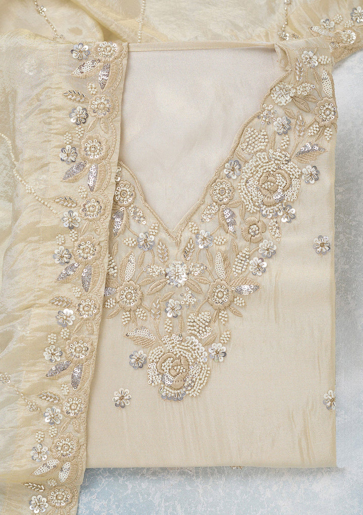 Cream Aariwork Semi Crepe Unstitched Salwar Suit-koskii