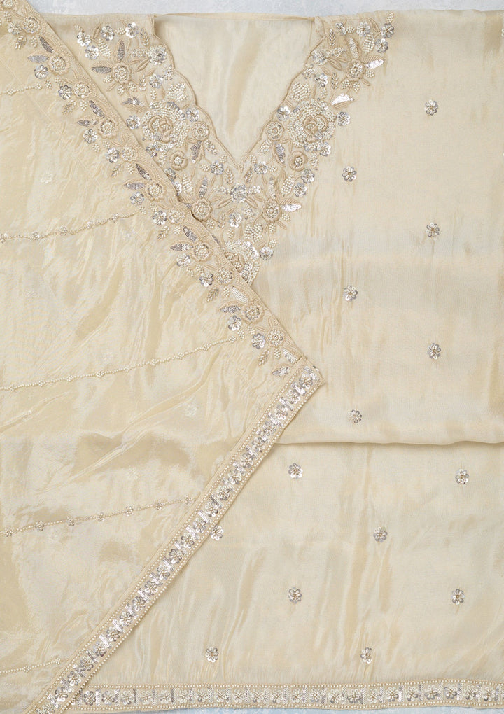 Cream Aariwork Semi Crepe Unstitched Salwar Suit-koskii