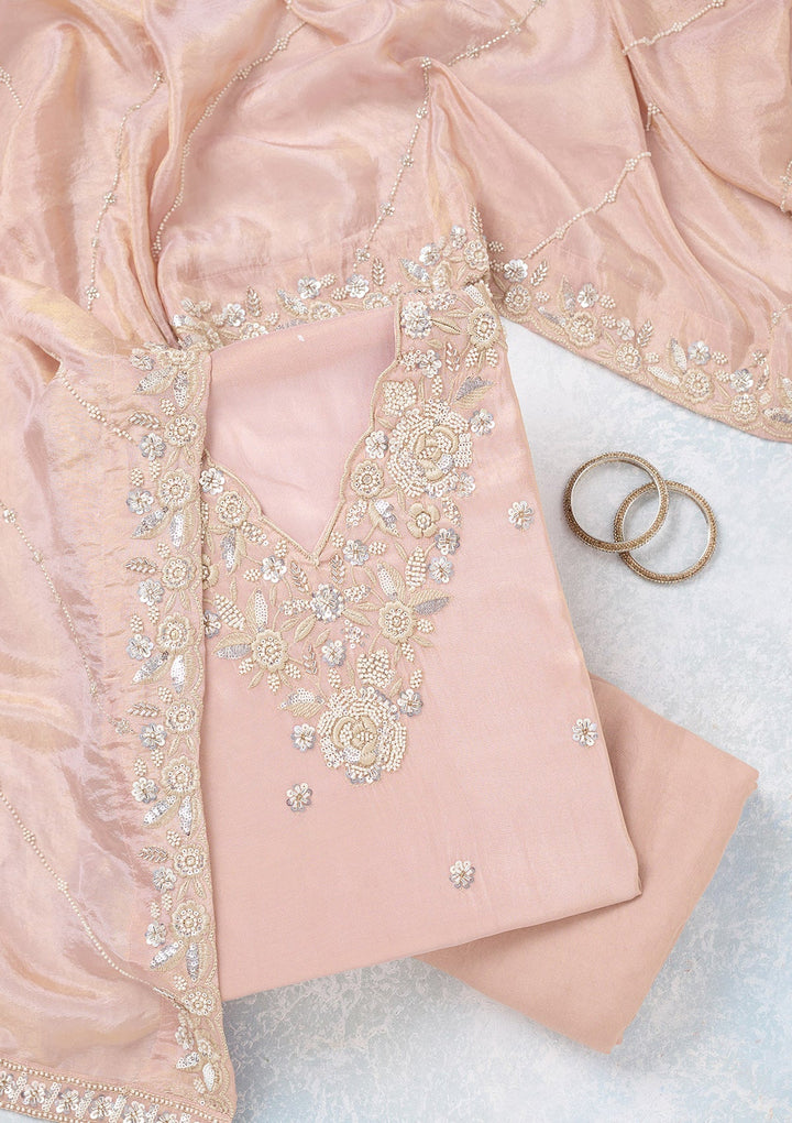 Pink Aariwork Semi Crepe Unstitched Salwar Suit-koskii