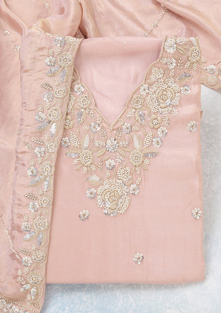 Pink Aariwork Semi Crepe Unstitched Salwar Suit-koskii