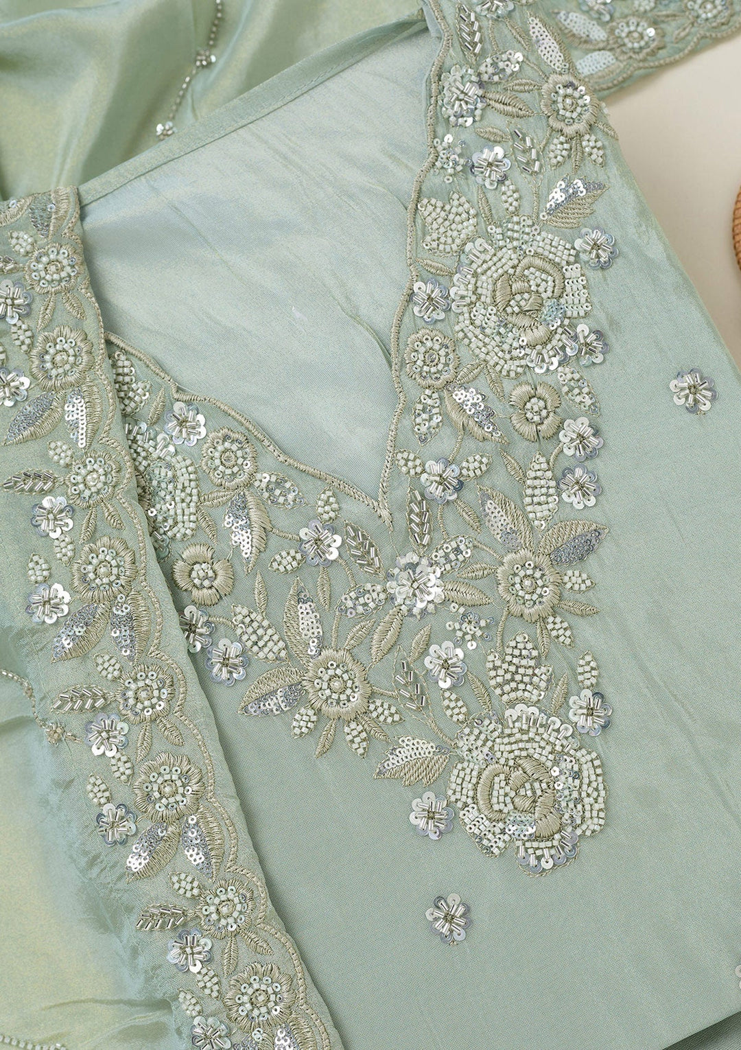 Sea Green Aariwork Semi Crepe Unstitched Salwar Suit-koskii