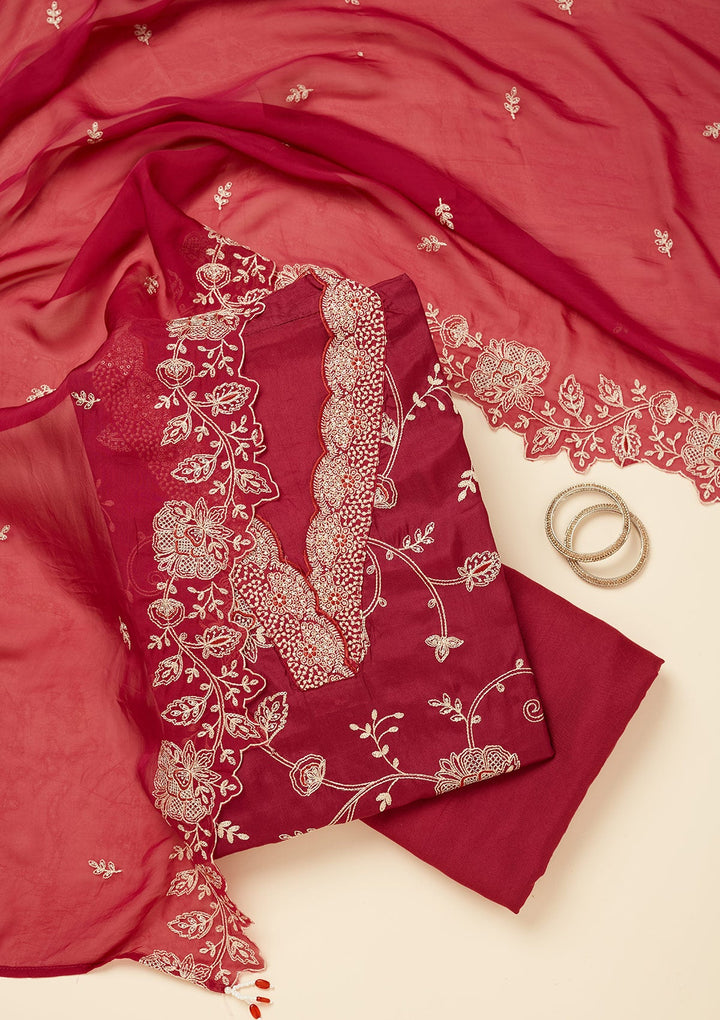 Red Zariwork (Gold) Chinon Unstitched Salwar Suit