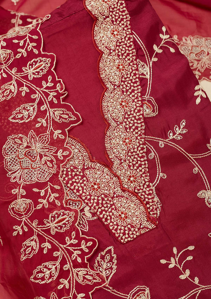 Red Zariwork (Gold) Chinon Unstitched Salwar Suit