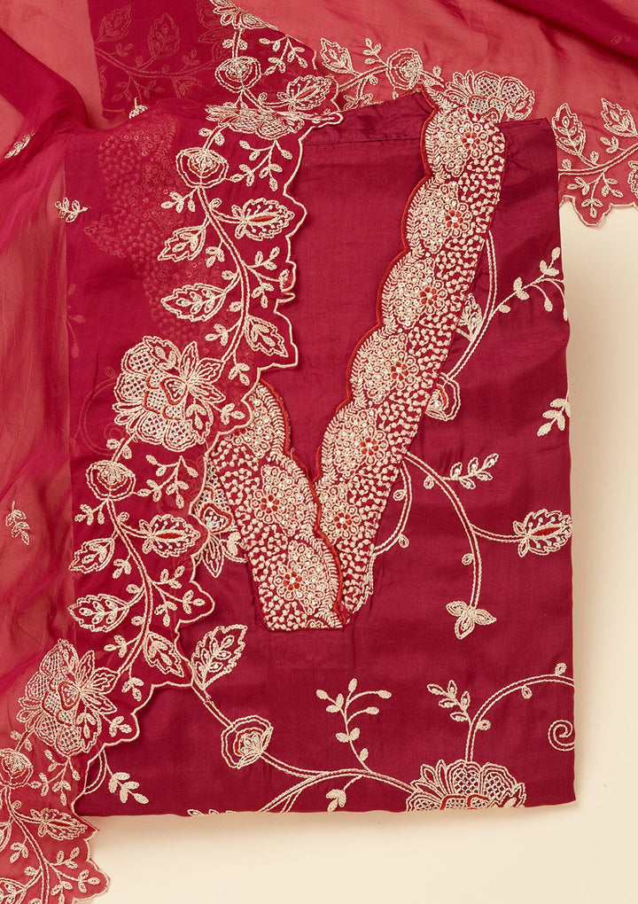 Red Zariwork (Gold) Chinon Unstitched Salwar Suit