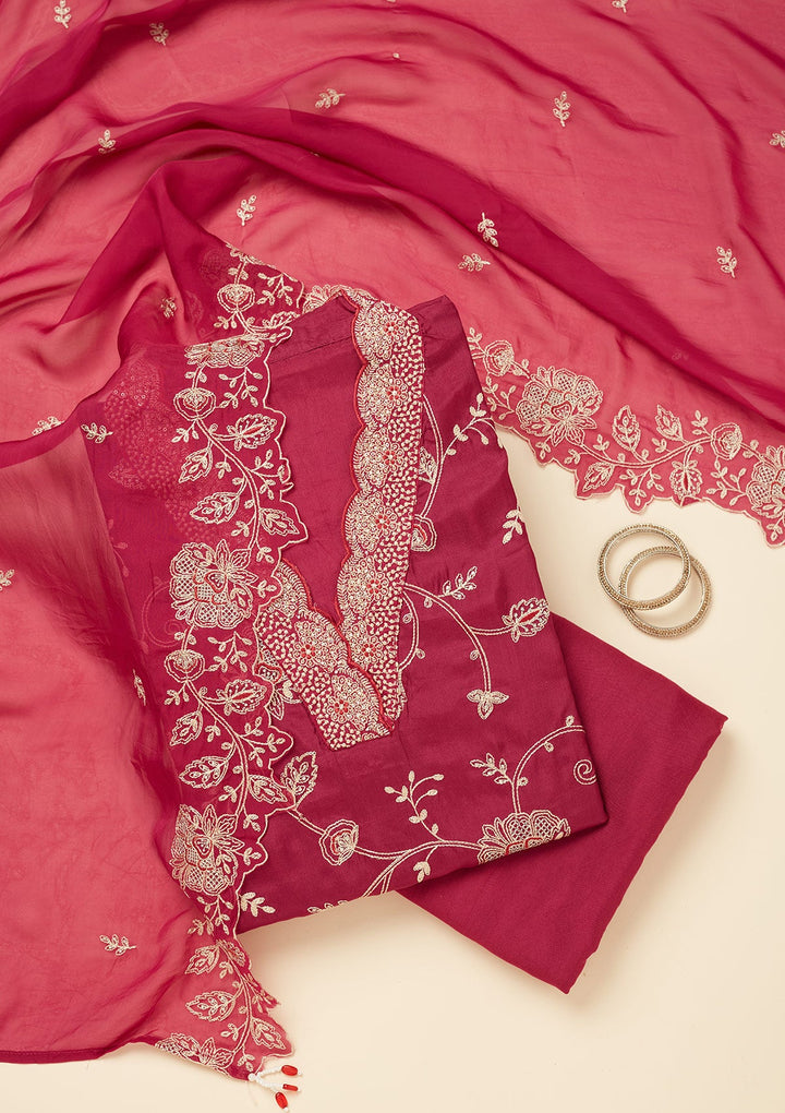 Wine Zariwork (Gold) Chinon Unstitched Salwar Suit