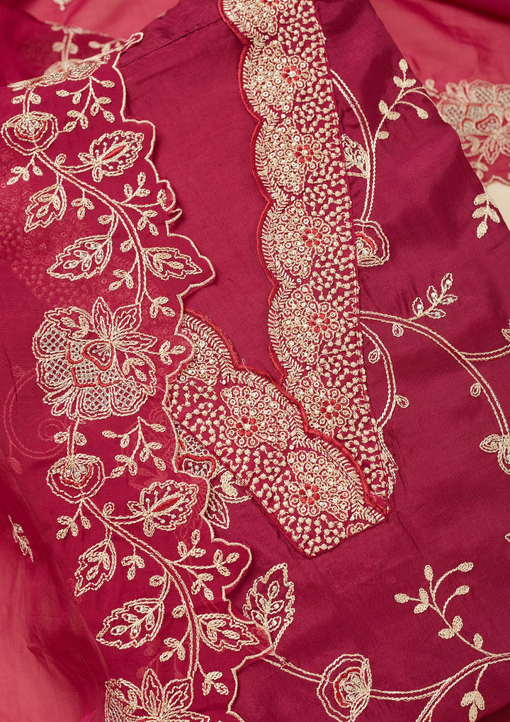 Wine Zariwork (Gold) Chinon Unstitched Salwar Suit