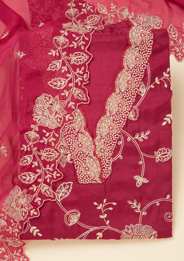 Wine Zariwork (Gold) Chinon Unstitched Salwar Suit