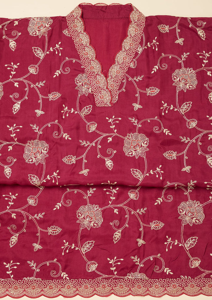 Wine Zariwork (Gold) Chinon Unstitched Salwar Suit