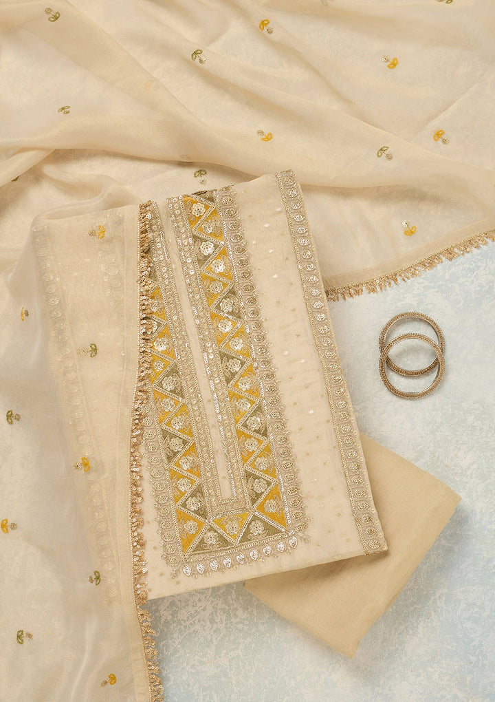 Beige Threadwork Tissue Unstitched Salwar Suit-koskii