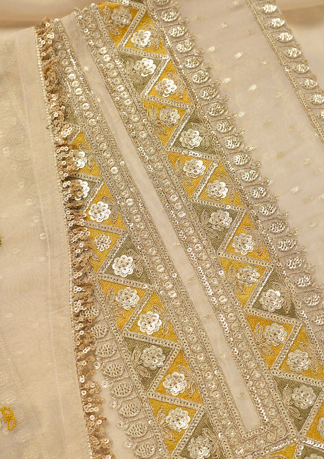 Beige Threadwork Tissue Unstitched Salwar Suit