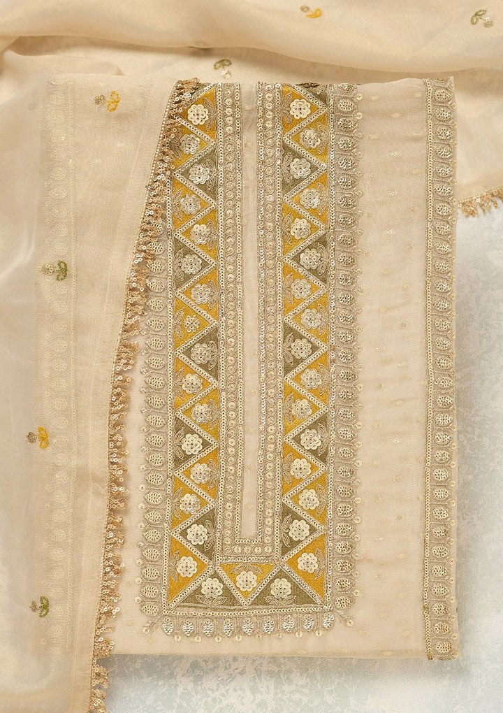 Beige Threadwork Tissue Unstitched Salwar Suit