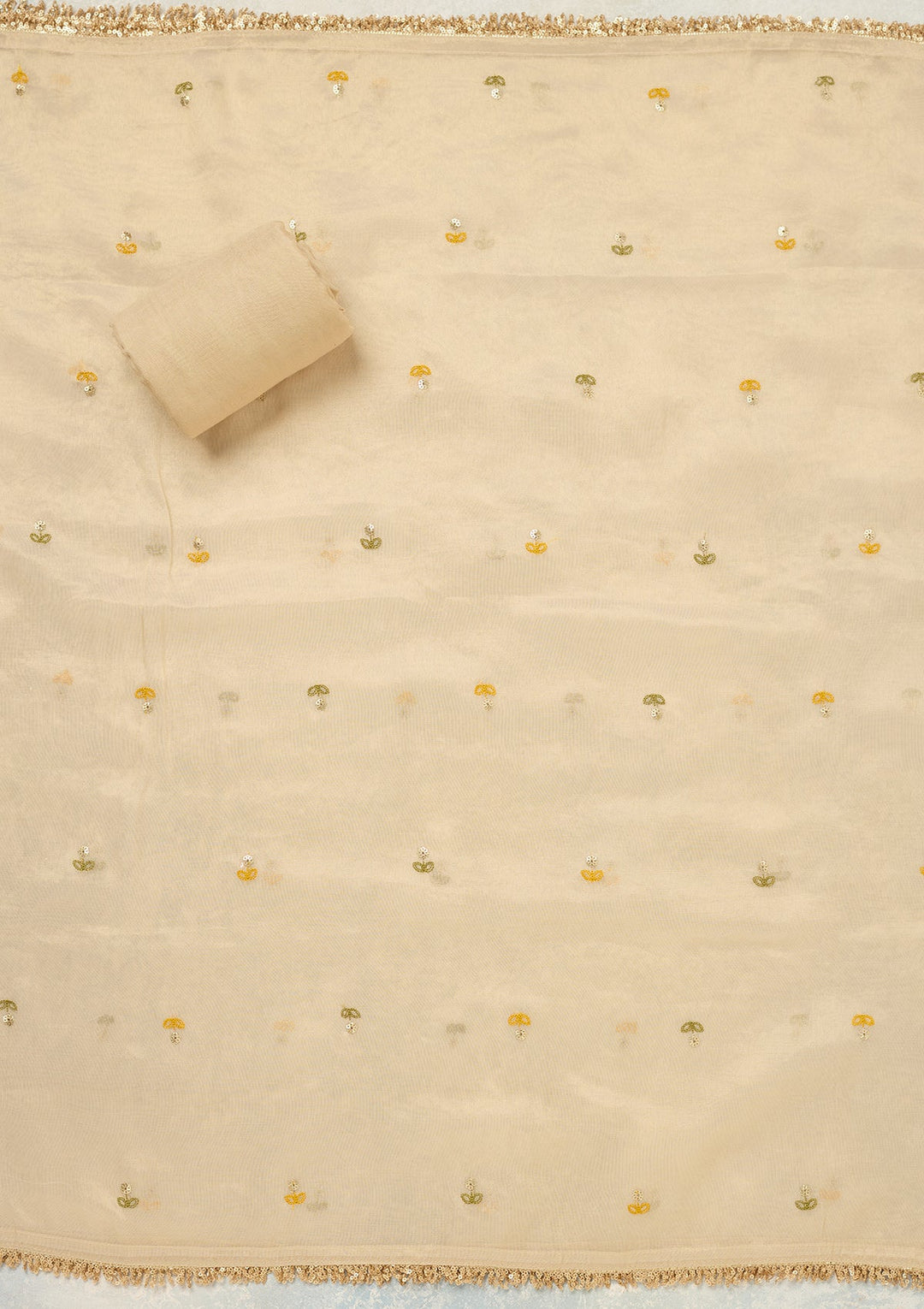 Beige Threadwork Tissue Unstitched Salwar Suit