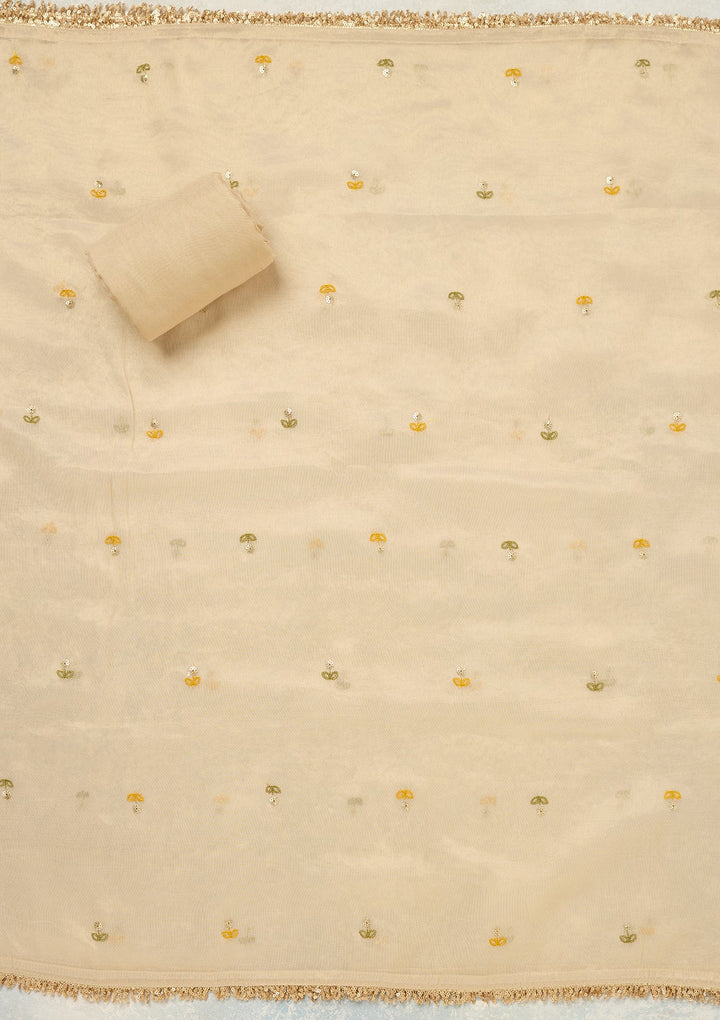 Beige Threadwork Tissue Unstitched Salwar Suit