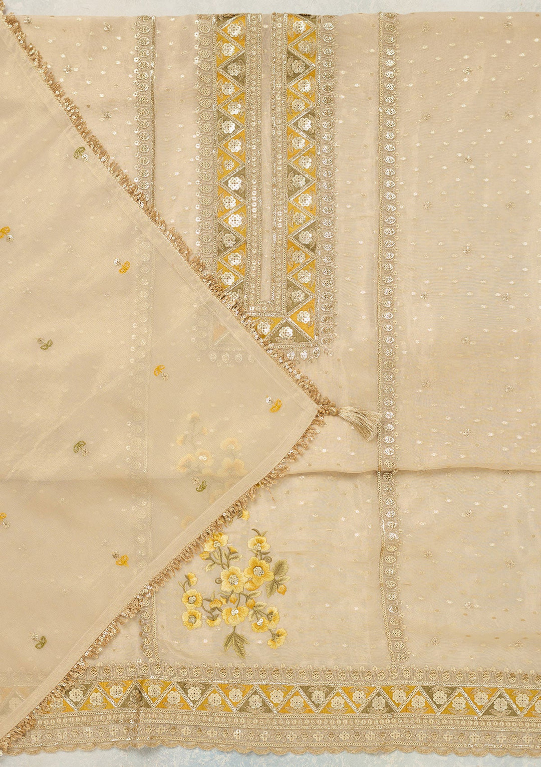 Beige Threadwork Tissue Unstitched Salwar Suit