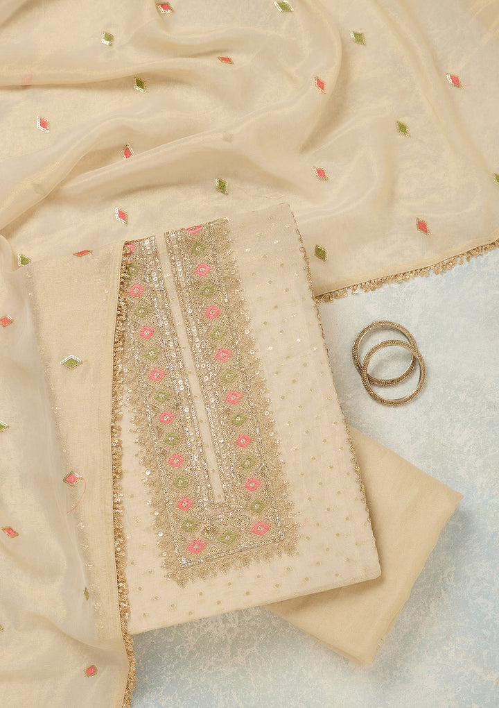 Beige Threadwork Tissue Unstitched Salwar Suit-koskii