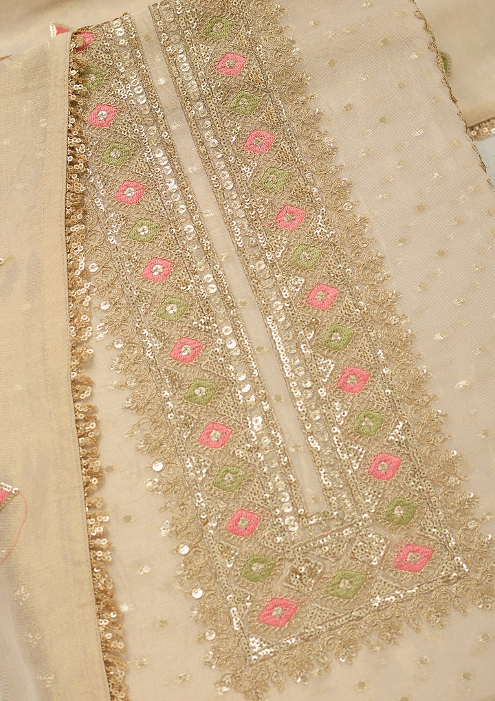 Beige Threadwork Tissue Unstitched Salwar Suit