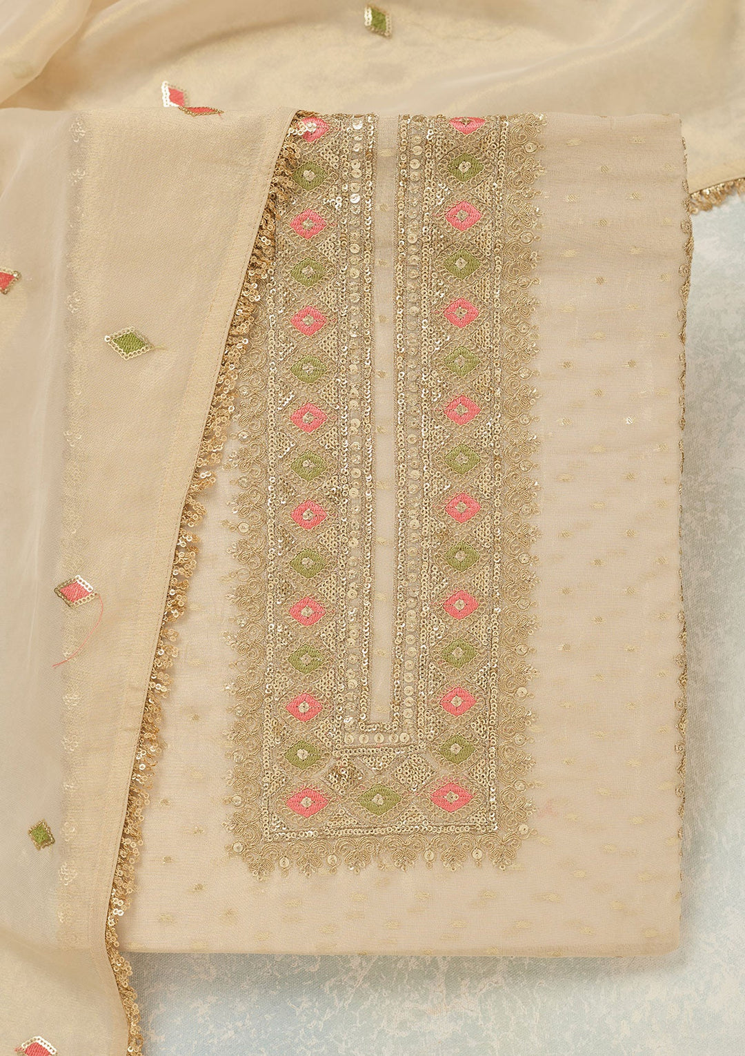 Beige Threadwork Tissue Unstitched Salwar Suit