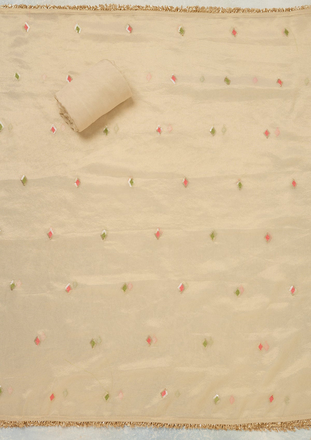 Beige Threadwork Tissue Unstitched Salwar Suit